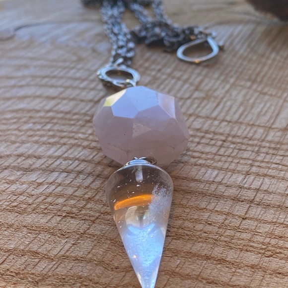Ethereal Pink and Silver Pendulum Necklace with Faceted Rose Quartz Crystal - Picture 2 of 7